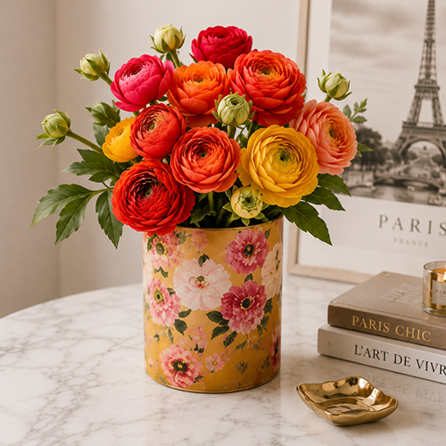 Bunter Kunstblumenstrauß mit roten orangefarbenen und gelben Ranunkeln in einem dekorativen Gefäß