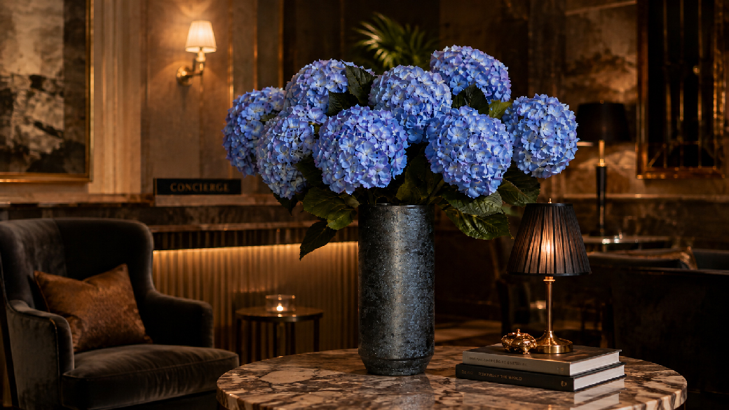 Blau-lilafarbene Kunsthortensie in einer modernen Vase aus Keramik