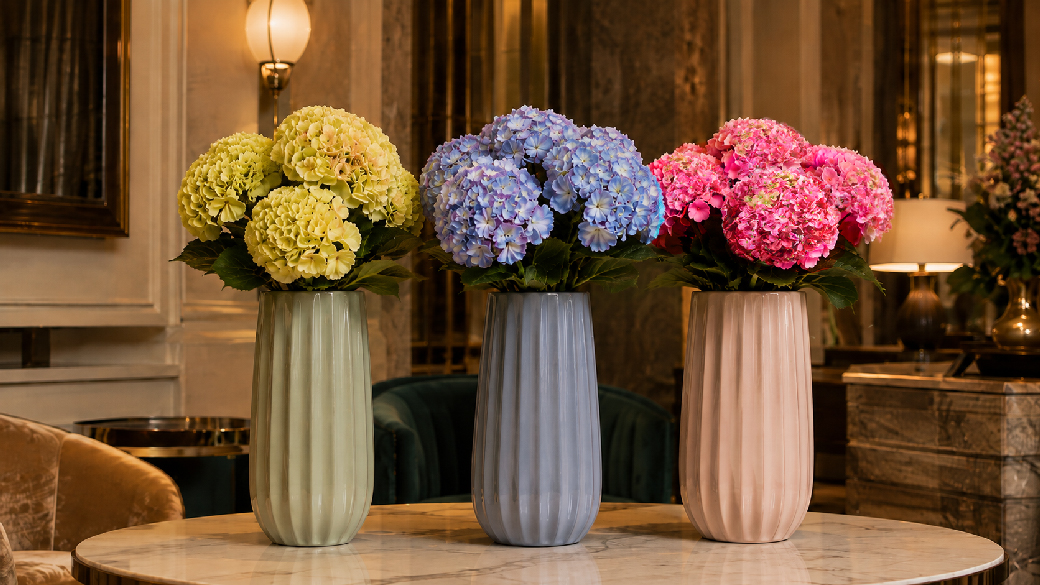 Kunsthortensien in Grün-Creme, Blau-Lila und Pink in drei verschiedenen Vasen