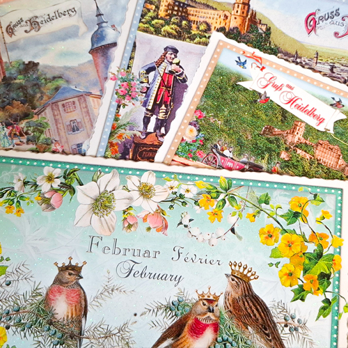 Illustrierte Heidelberg-Postkarten und florale Grußkarte mit Vögeln und Monatsmotiv