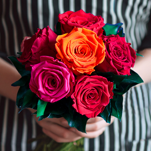 Floristin hält einen Strauß aus roten, pinkfarbenen und orangefarbenen Infinity Rosen