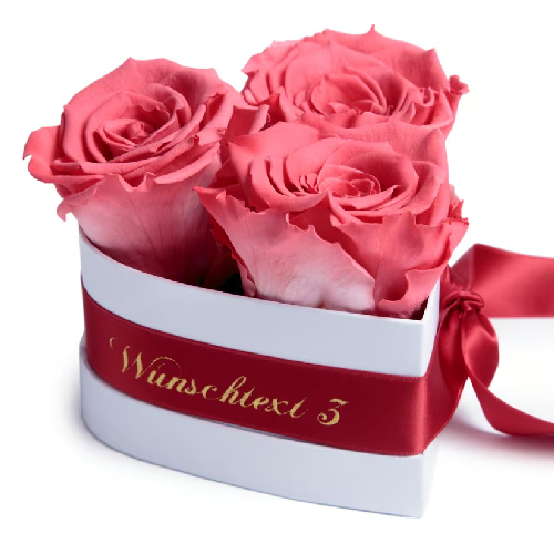 Personalisierte Herz-Rosenbox mit drei korallfarbenen Infinity Rosen und rotem Satinband mit Wunschtext