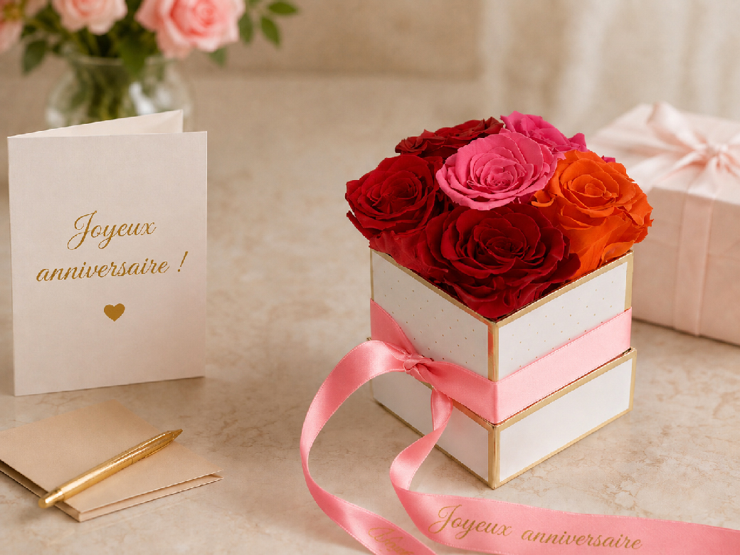 Boîte de roses éternelles rouges, roses et orange avec ruban rose et carte Joyeux anniversaire