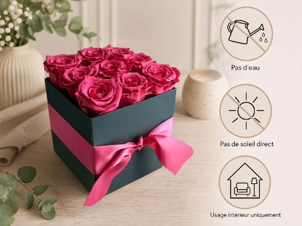 Boîte de roses éternelles avec conseils d’entretien sans eau et sans soleil direct