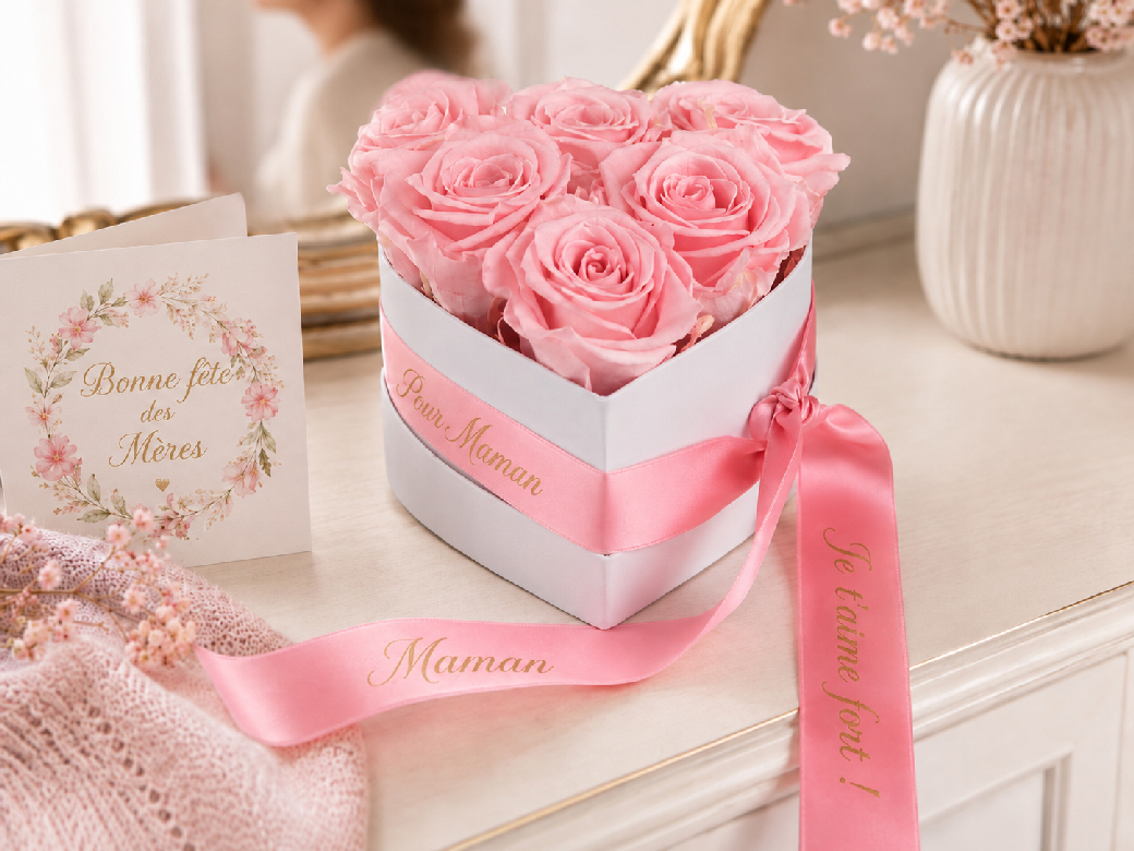 Une boîte de roses éternelles roses accompagnée d’un message personnel constitue une attention tendre pour la fête des Mères.