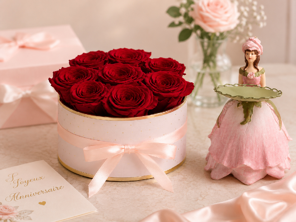 Boîte ronde de roses éternelles rouges avec ruban rose et figurine florale décorative