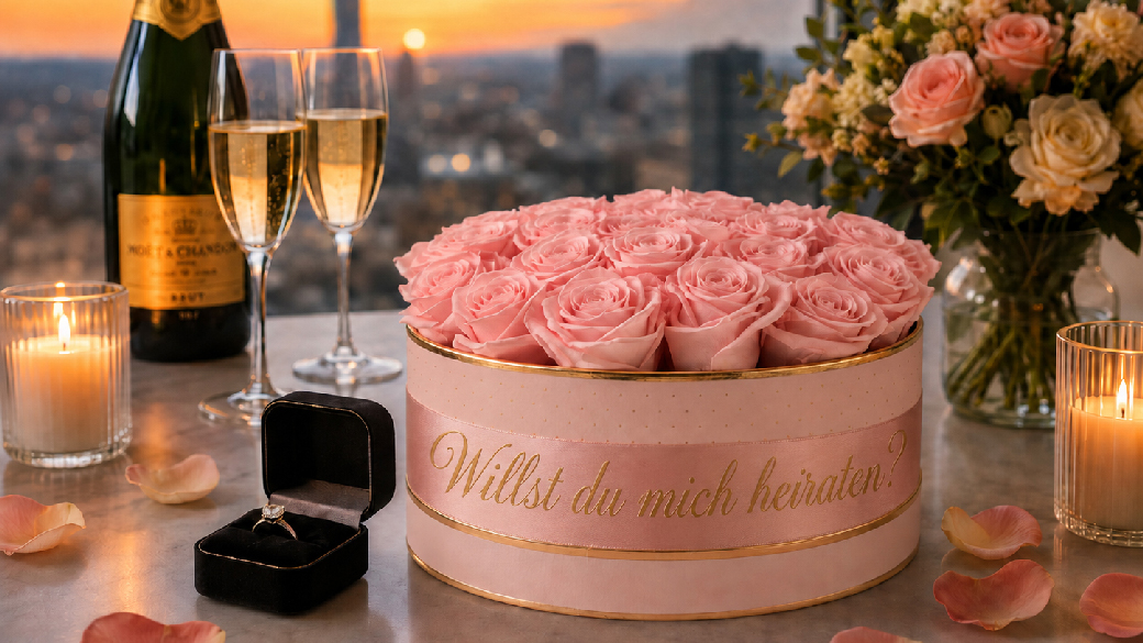 Rosa Rosenbox mit konservierten Rosen und Verlobungsring bei einem romantischen Hochzeitsantrag am Fenster