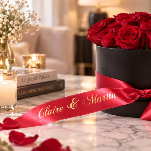 Detail einer schwarzen Rosenbox mit roten Infinity Rosen und rotem Satinband mit goldener Namensbeschriftung Claire und Martin