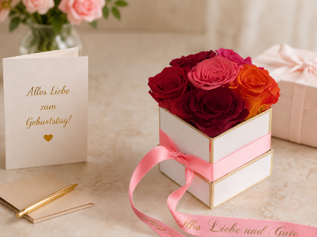 Rosenbox zum Geburtstag mit roten, rosa und orangefarbenen Infinity Rosen und Grußkarte