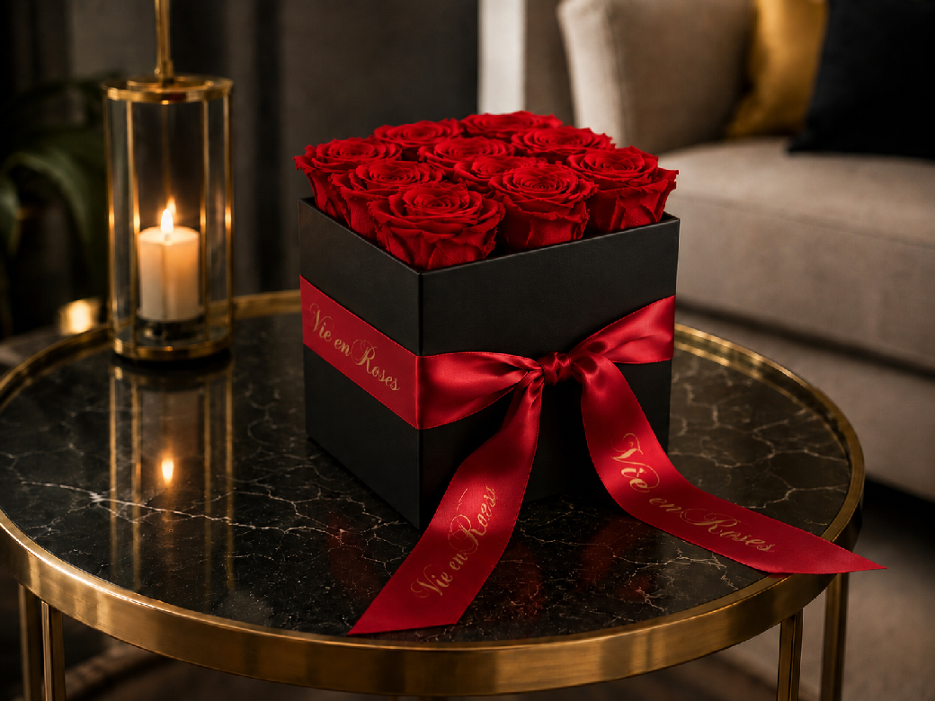 Schwarze Rosenbox mit roten Infinity Rosen und rotem Satinband in elegantem Wohnambiente
