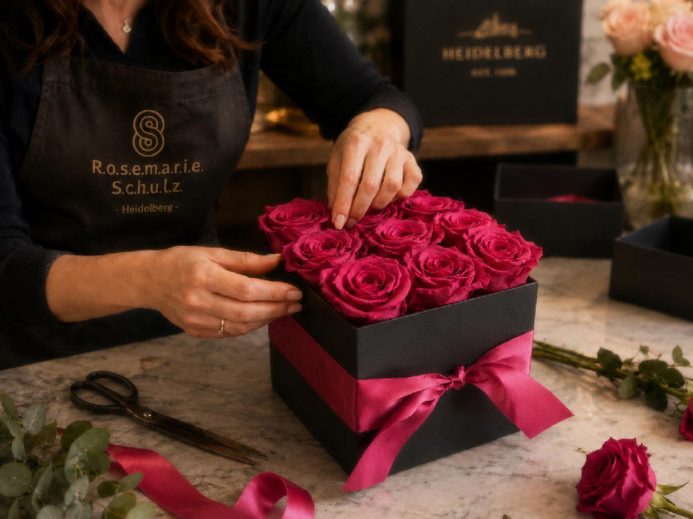 Rosenbox mit Infinity Rosen wird bei Rosemarie Schulz in Heidelberg arrangiert