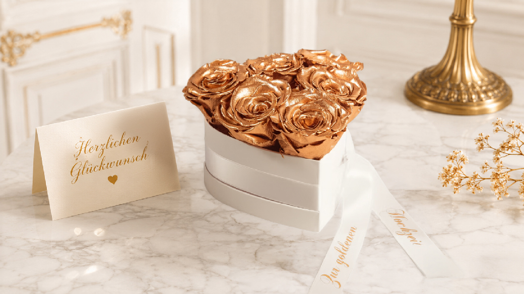 Goldfarbenes Rosenherz zur Goldenen Hochzeit mit sechs Infinity Rosen und weißem Satinband