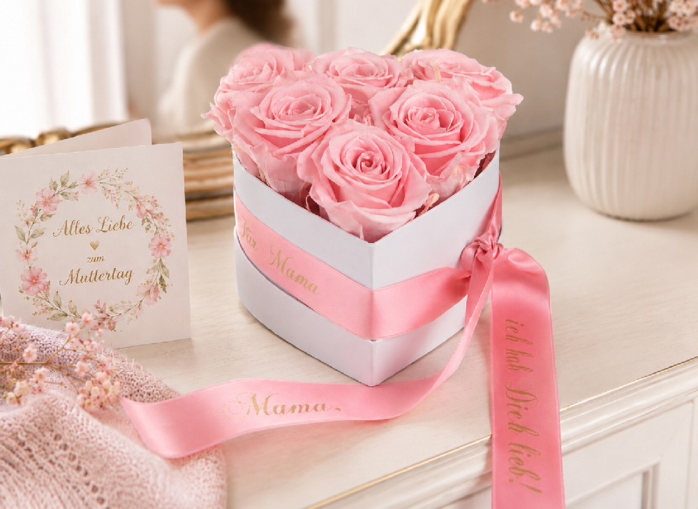 Rosa Rosenbox mit haltbaren Rosen als Geschenk zum Muttertag oder Geburtstag