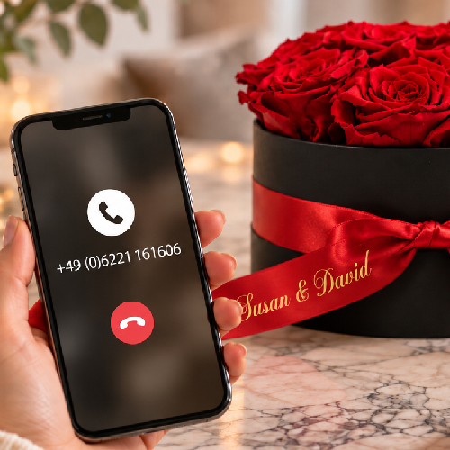Hand mit Smartphone vor einer personalisierten Rosenbox mit roten Infinity Rosen und rotem Satinband