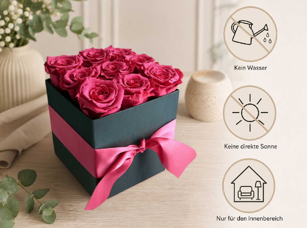 Pflegeleichte Rosenbox mit Infinity Rosen ohne Wasser und ohne direkte Sonne