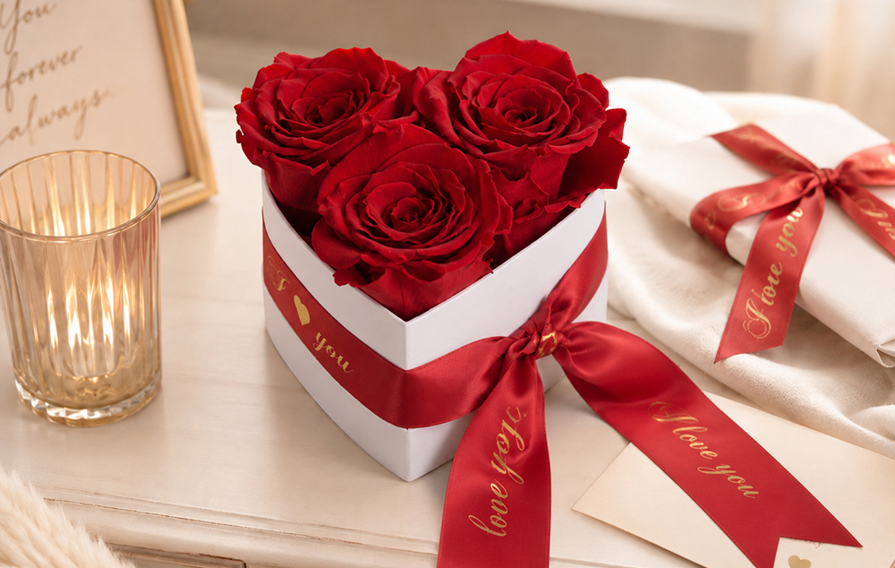 Rote Rosenbox mit Infinity Rosen als romantisches Geschenk zum Valentinstag