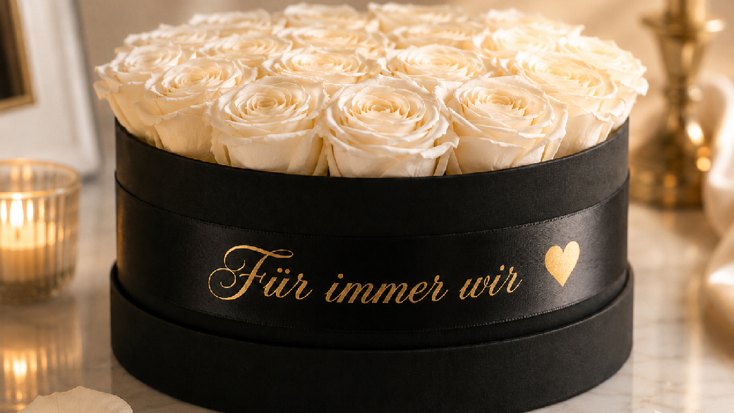 Weiße konservierte Rosen in schwarzer Rosenbox mit personalisiertem Satinband und goldener Aufschrift Für immer wir