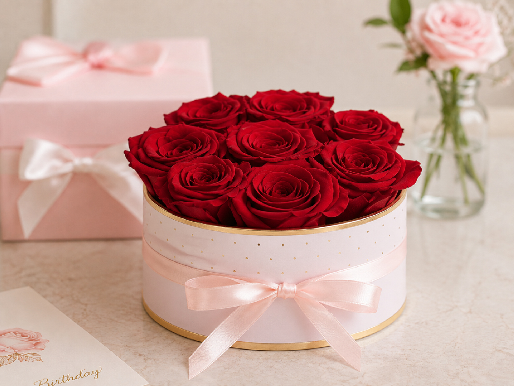 Rosenbox mit roten Infinity Rosen als stilvolles Geburtstagsgeschenk
