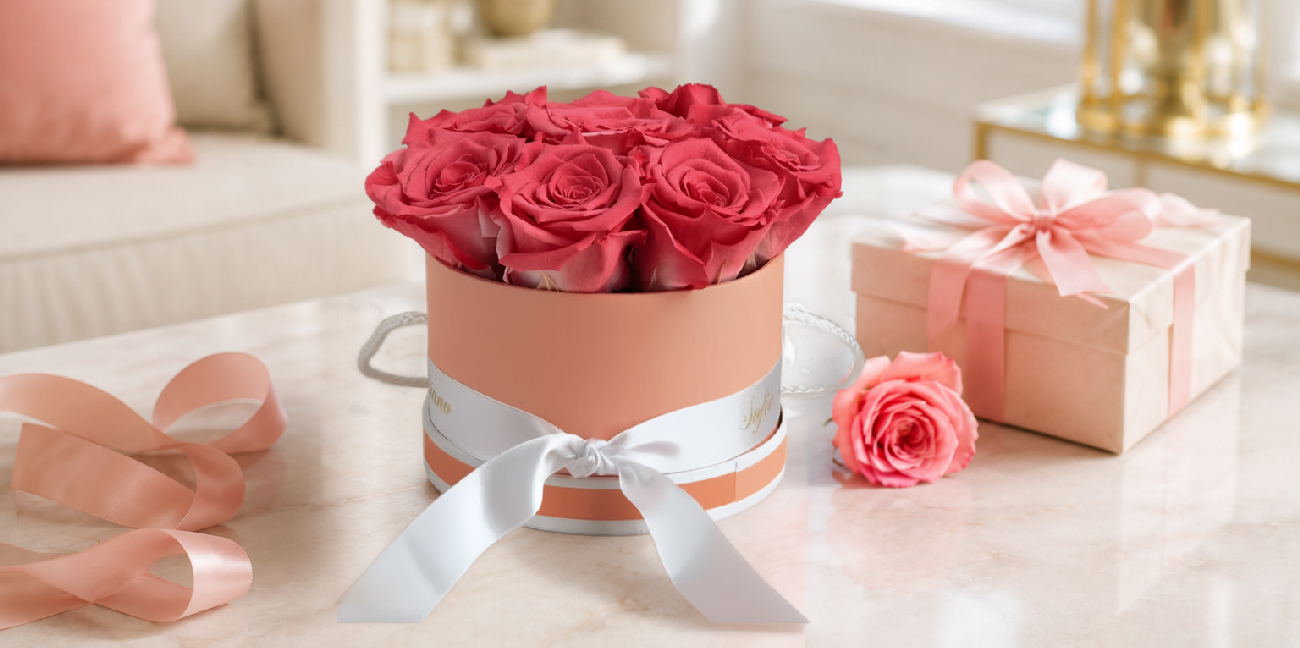 Farbenfrohe Rosenbox mit Infinity Rosen als Geburtstagsgeschenk