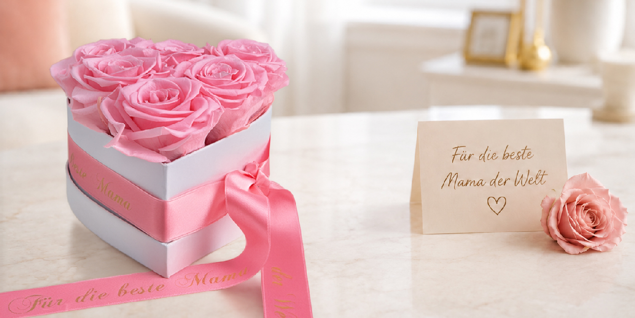 Rosenbox mit Infinity Rosen und Muttertagsbotschaft als Geschenk für Mama