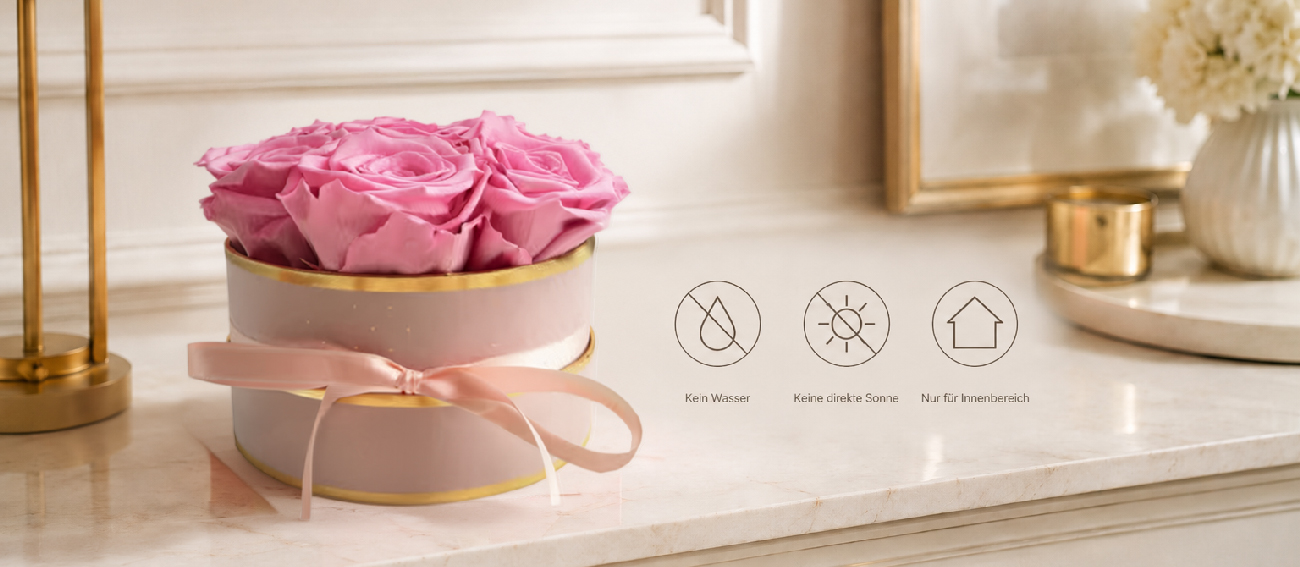 Pflegeleichte Rosenbox mit konservierten Rosen für den Innenbereich