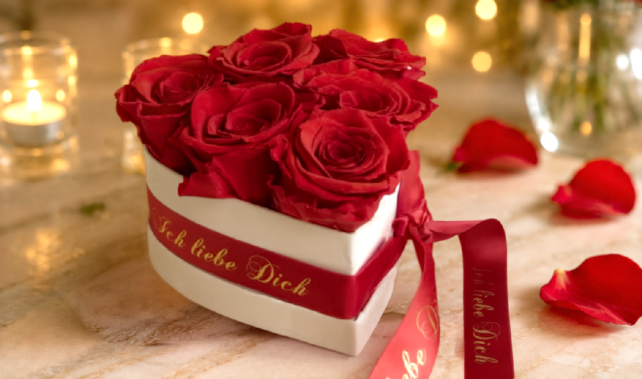 Rote Herzbox mit Infinity Rosen als romantisches Geschenk zum Valentinstag