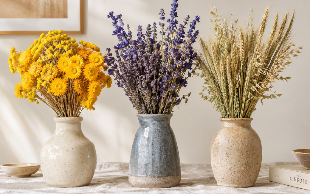 Drei Trockenblumenarrangements in Gelb, Blau und natürlichen Grüntönen