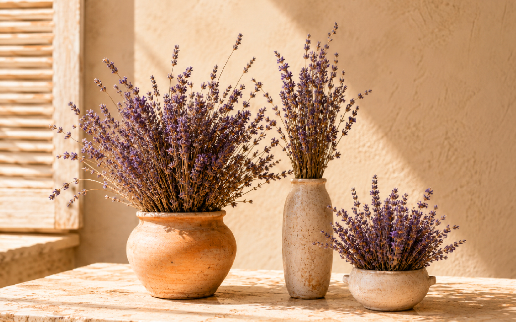 Drei unterschiedlich große Lavendelarrangements in breiter, hoher und niedriger Vase