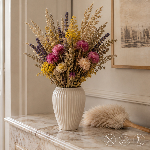Trockenblumen in einer trockenen Vase mit weichem Pinsel zur schonenden Pflege