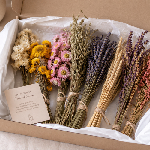 Trockenblumen werden trocken und geschützt in Papier und Karton aufbewahrt