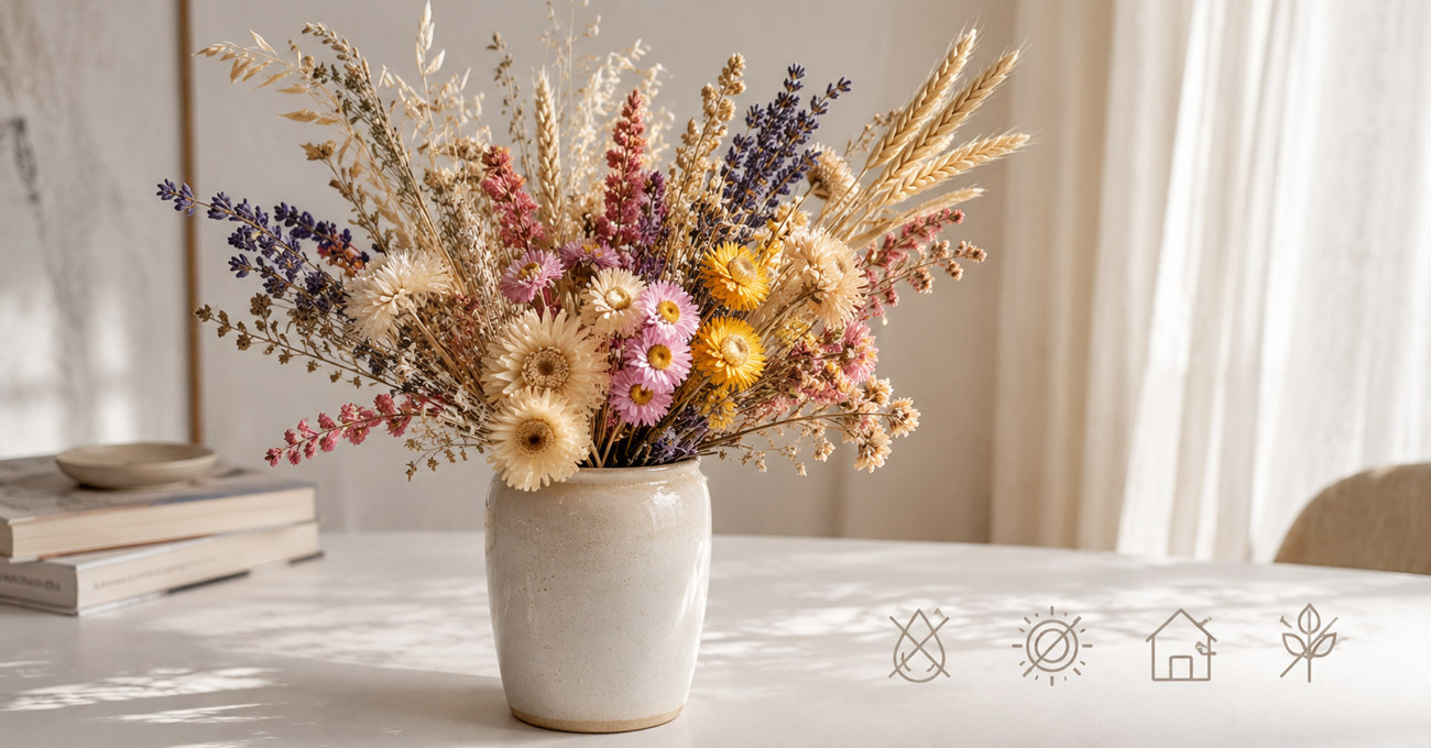 Trockenblumenstrauß in heller Vase mit Pflegehinweisen ohne Wasser, ohne direkte Sonne und nur für den Innenbereich