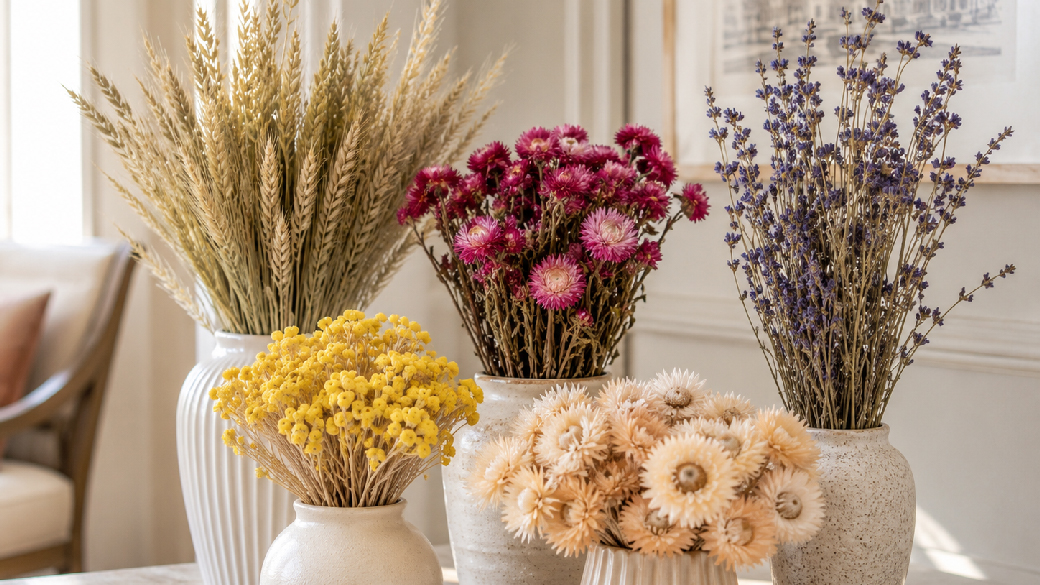 Verschiedene Trockenblumen mit weichen, feinen und strukturierten Oberflächen