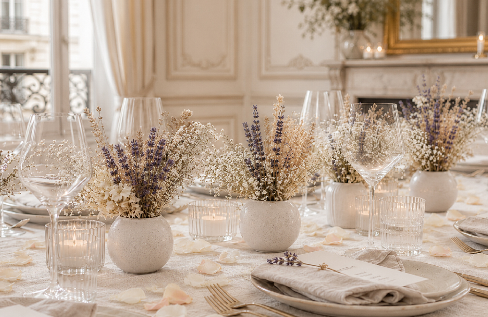 Elegante französische Hochzeitstafel mit Lavendel, Schleierkraut und Blütenblättern