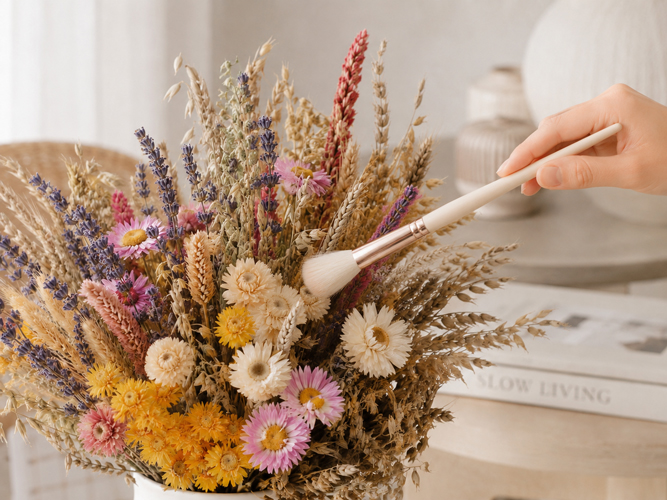 Trockenblumen werden vorsichtig mit einem weichen Pinsel entstaubt