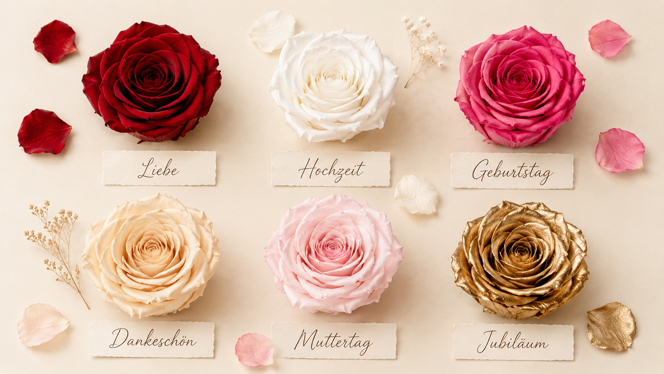 Übersicht verschiedener Rosenfarben mit passenden Bedeutungen und Anlässen