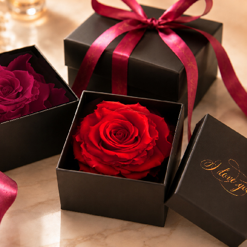 Rote und dunkelrote Infinity Rosen als romantisches Geschenk für Liebe, Valentinstag und Jahrestag