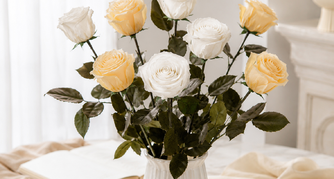 Weiße und champagnerfarbene Infinity Rosen in eleganter Vase oder Box, mit heller Tischdekoration und feinen Stoffen.