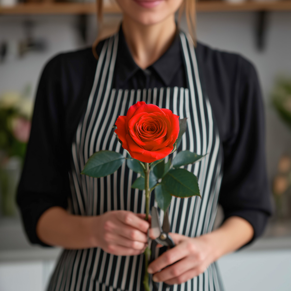 Floristin mit roter Infinity Rose am Stiel im Atelier