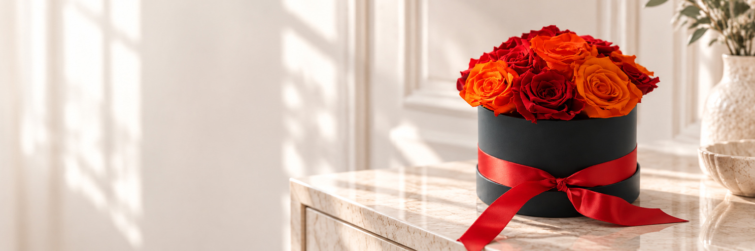 Infinity Rosenbox mit roten und orangefarbenen konservierten Rosen