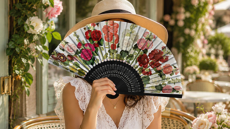 Frau mit Strohhut und weißem Spitzenkleid hält einen geöffneten Fächer mit buntem Blumenmotiv vor ihr Gesicht. Der Fächer hat ein schwarzes Gestell und zeigt rote, rosa, weiße und korallfarbene Blüten. Das Bild zeigt eine sommerliche Café-Atmosphäre für den Concept Store in Heidelberg.