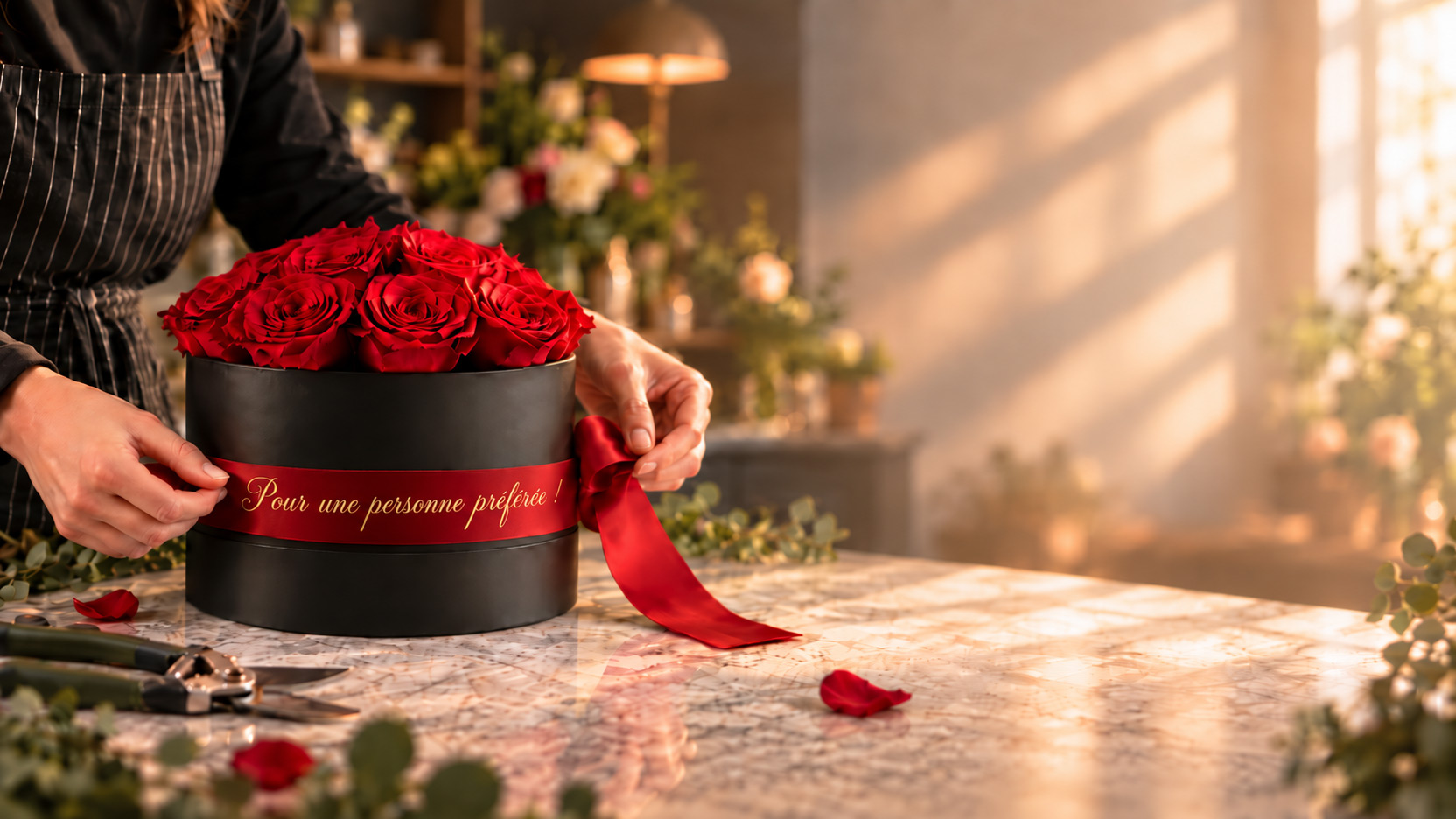 Boîte noire personnalisée avec roses éternelles rouges et ruban en satin imprimé dans l’atelier Rosemarie Schulz
