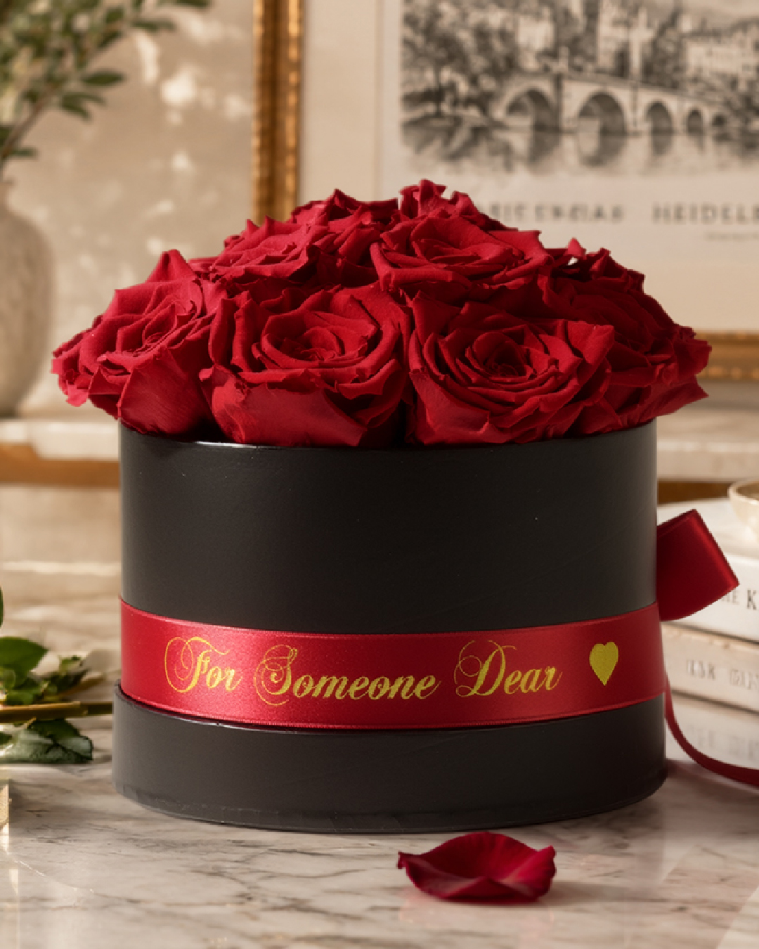 Black rose box with red preserved Infinity Roses by Rosemarie Schulz Heidelberg