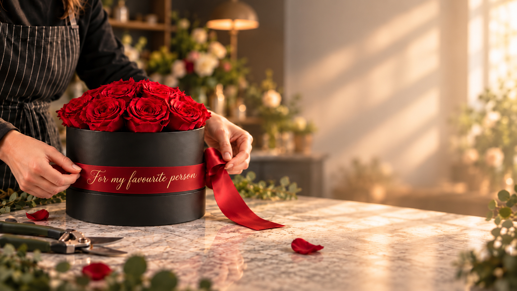 Personalised black rose box with red preserved roses and printed satin ribbon in the Rosemarie Schulz atelier