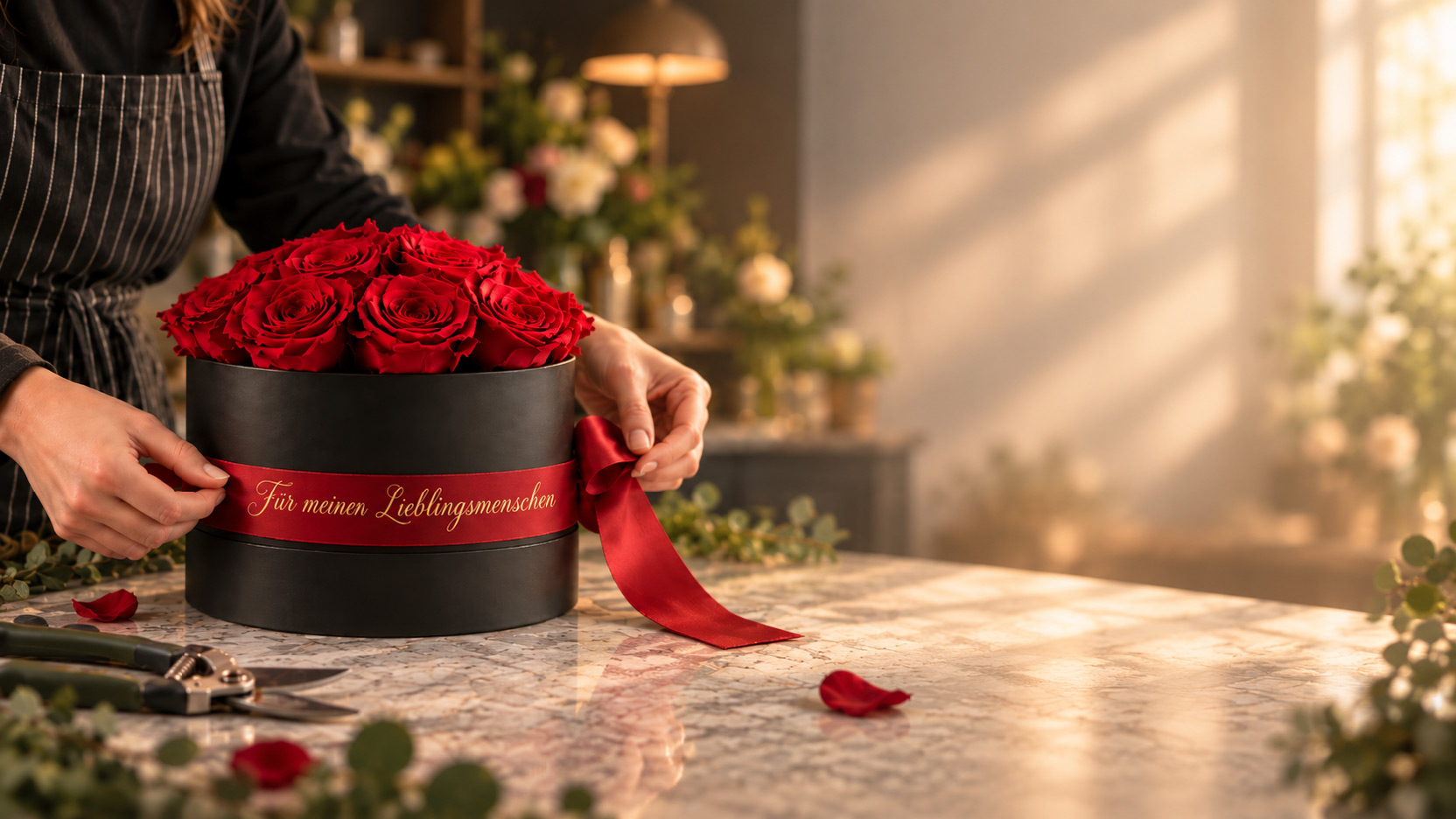 Personalisierte schwarze Rosenbox mit roten konservierten Rosen und individuell bedrucktem Satinband im Atelier