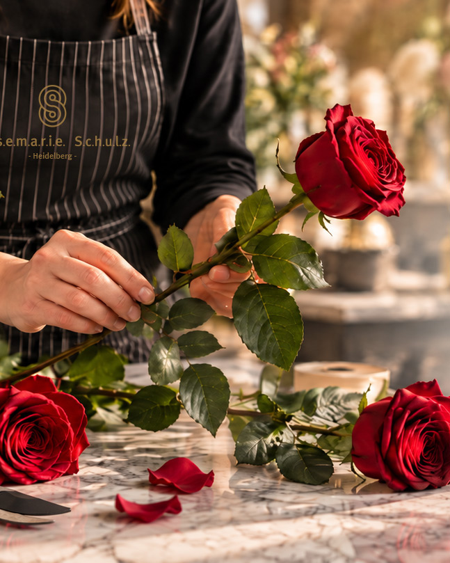 Rose éternelle rouge avec tige dans l’atelier Rosemarie Schulz à Heidelberg